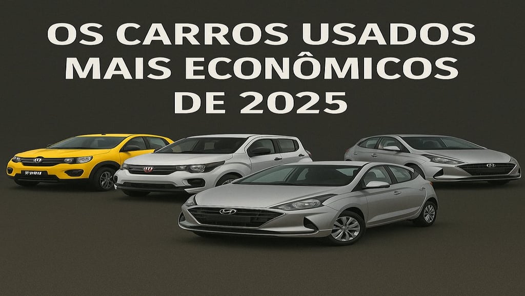 Imagem de capa com o título Os Carros Usados Mais Econômicos de 2025, com cinco veículos lado a lado