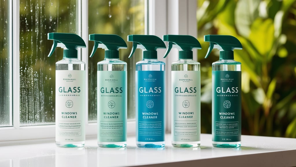 a variety of cleaning products on a window sill