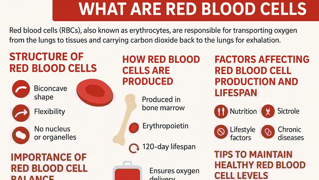 Infographic explaining red blood cells (RBCs), their structure, production in bone marrow.
