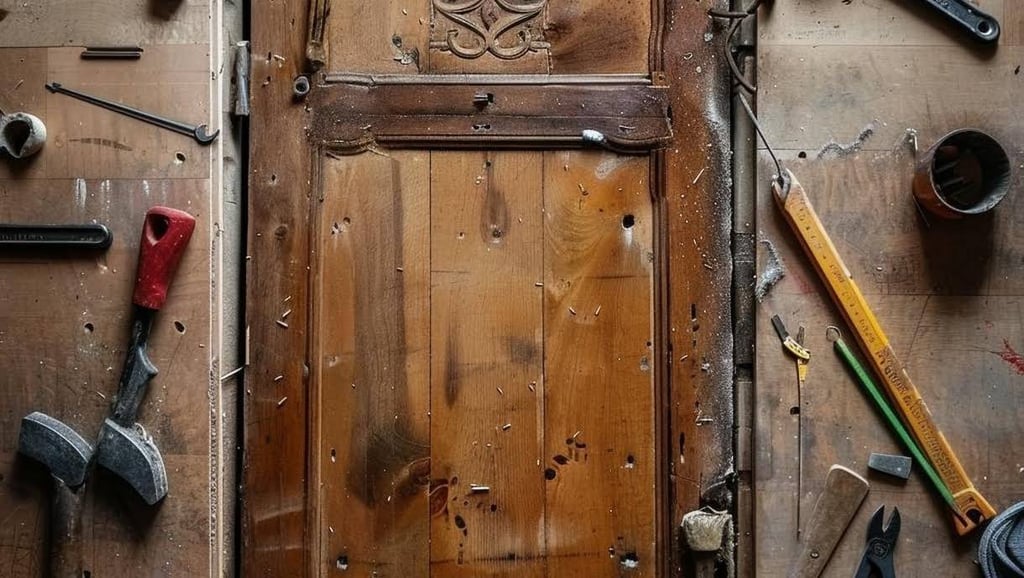 a door with tools and tools on a wooden floor