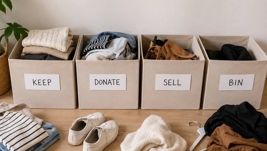 Four clearly labelled cardboard boxes or fabric storage bags, Keep, Donate, Sell, Bin