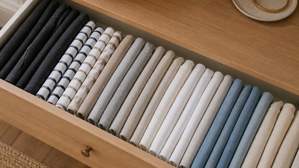 A close-up of KonMari-style vertical folding in a drawer neatly folded t-shirts or tops standing upright, all visible at once