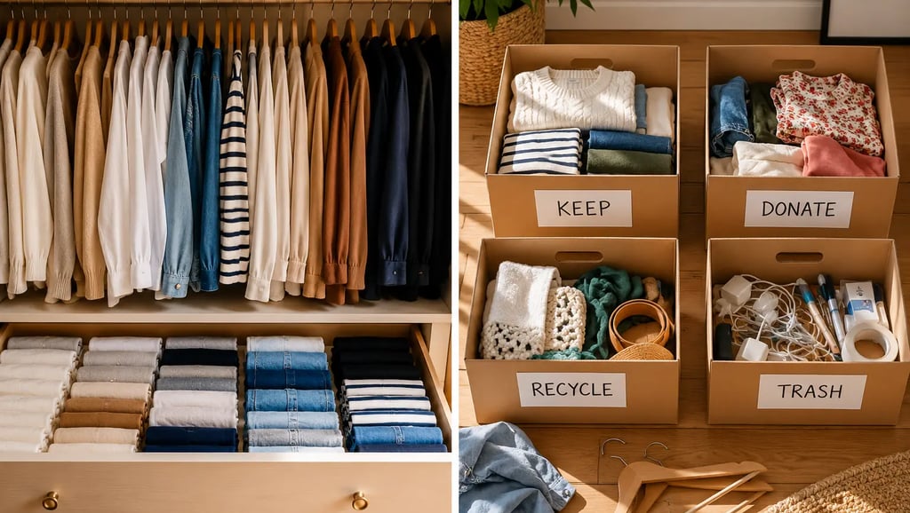 A split image, on one side, a neatly folded KonMari-style wardrobe, on the other, four clearly labelled cardboard boxes