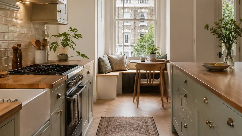 A wide shot of a calm, uncluttered London kitchen, clear surfaces, a few intentional objects