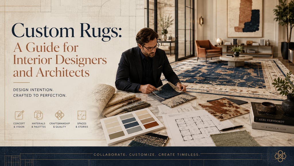 Custom rugs guide for interior designers and architects with rug samples, material palettes, and int