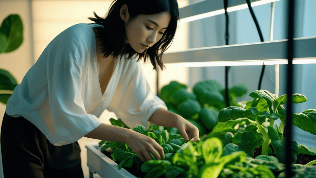 Woman harvesting greens from a small-space hydroponic system