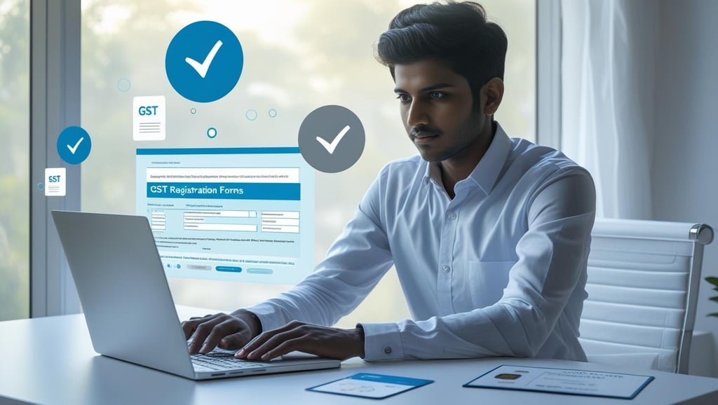 Indian businesswoman applying for GST registration online using a laptop in a professional office se