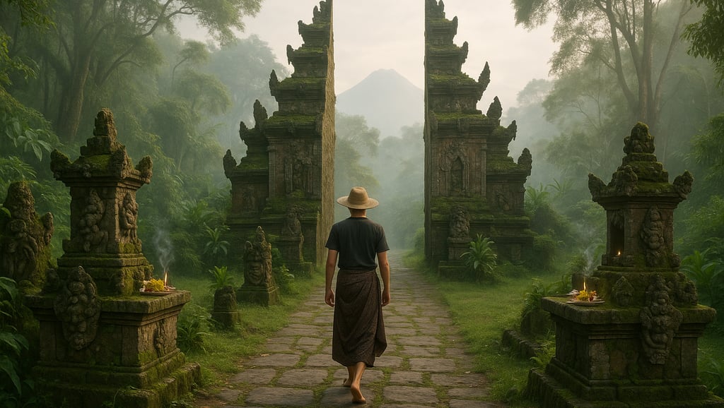 Traveler walking through an ancient jungle temple in Indonesia at sunrise with mossy stone carvings and traditional Balinese 