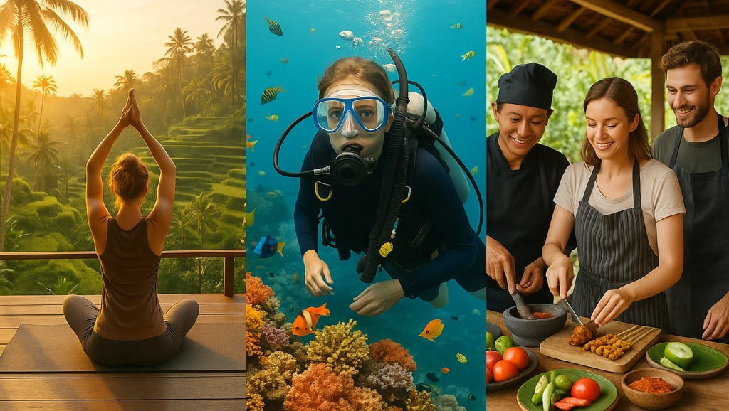 Collage of budget-friendly activities in Indonesia including yoga in Bali, scuba diving in the Gili Islands, and a local cook