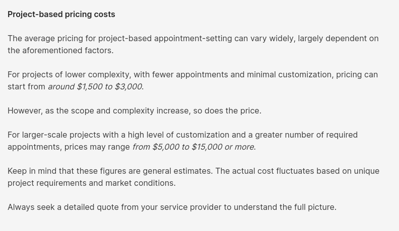 Screenshot showing thorough understanding of project-based pricing costs in the article, B2B Appoint
