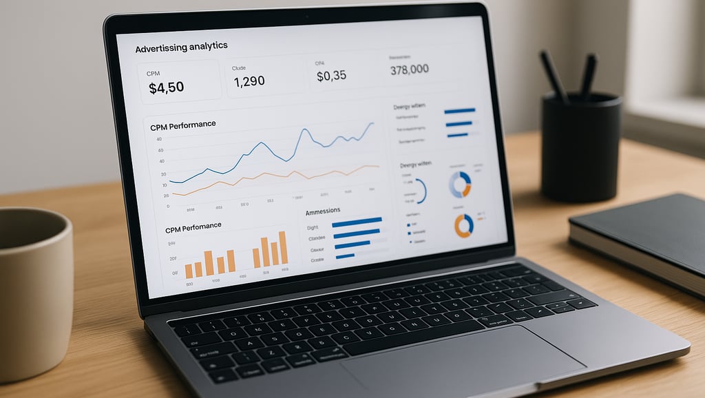 "Laptop screen showing CPM analytics dashboard for digital advertising"