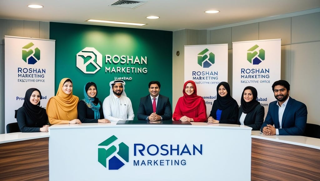 a group of people standing around a table with a roshan marketing sign