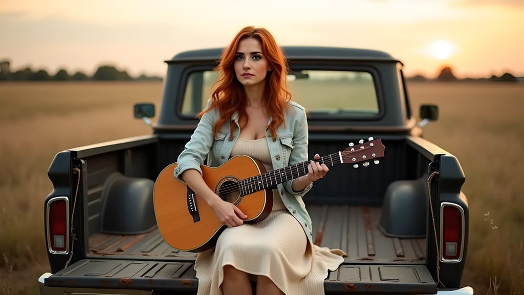 Skye sitting on truck bed with guitar