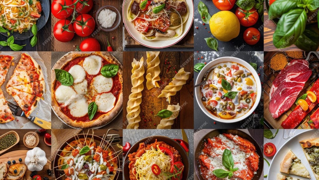Traditional Italian dishes served on a rustic table – pasta, pizza, and fresh ingredients