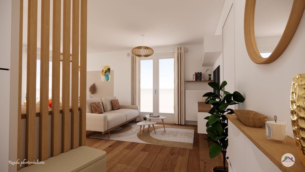 Aménagement entrée et salon moderne couleur neutre canapé beige 