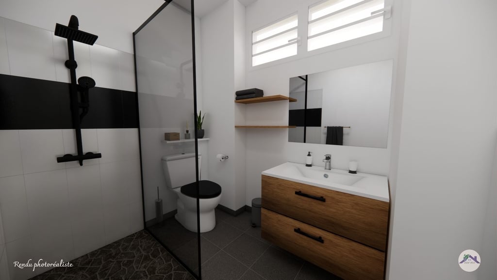 Salle d'eau sol carrelé gris anthracite et mobilier bois avec étagère de rangement