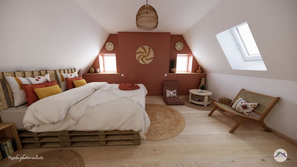 Chambre chaleureuse couleur terreuse style ethnique lit  en palette de bois