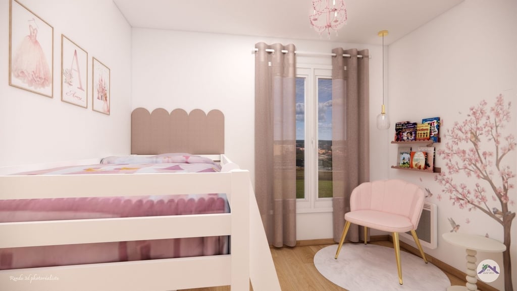 Chambre enfant ambiance princesse, camaïeu de rose