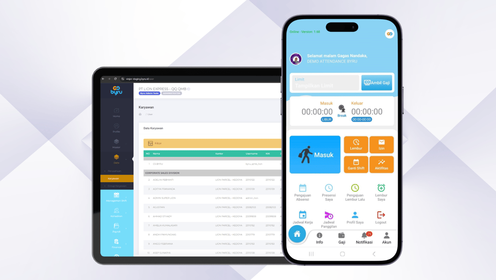 Tampilan aplikasi HR Byru ditampilkan di tablet dan smartphone.
