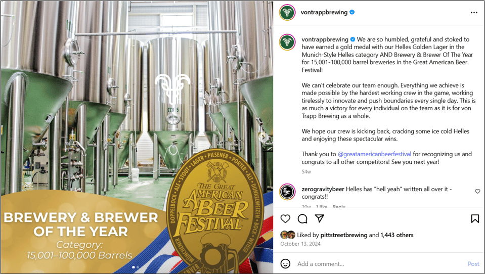 screenshot of post by vontrappbrewing winning award