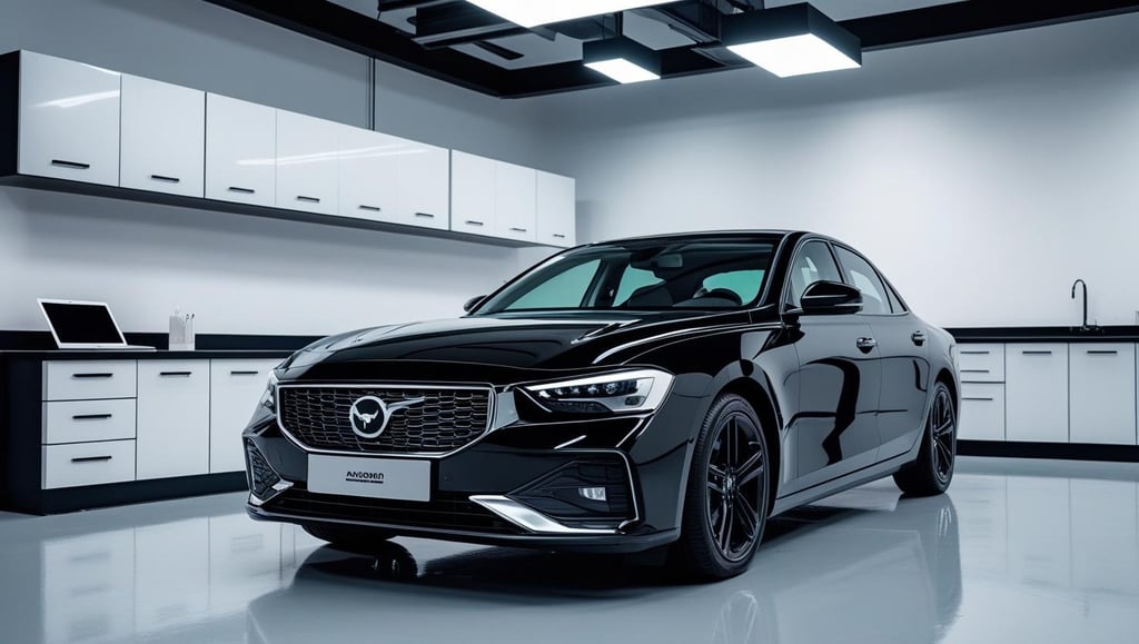 a black car in a modern garage