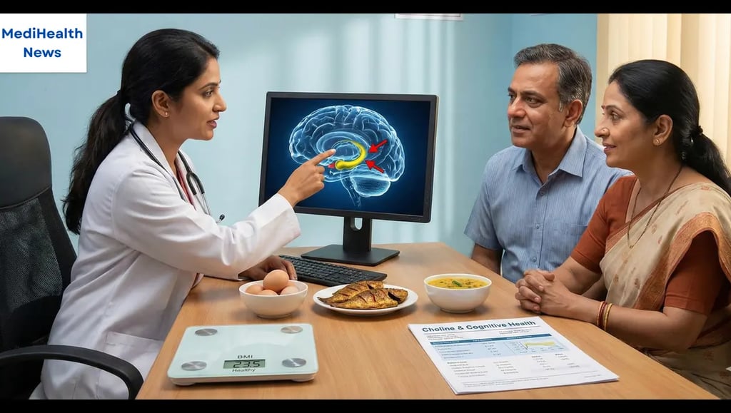 On the desk choline-rich foods (eggs, fish, dal), weight scale showing BMI, and a medical report.
