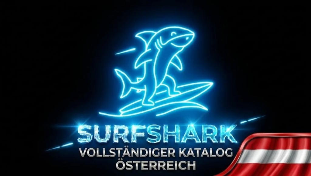 Futuristischer Hai auf Neon-Surfbrett, Surfshark-Logo und Österreich-Flagge für innovative Sicherheit."