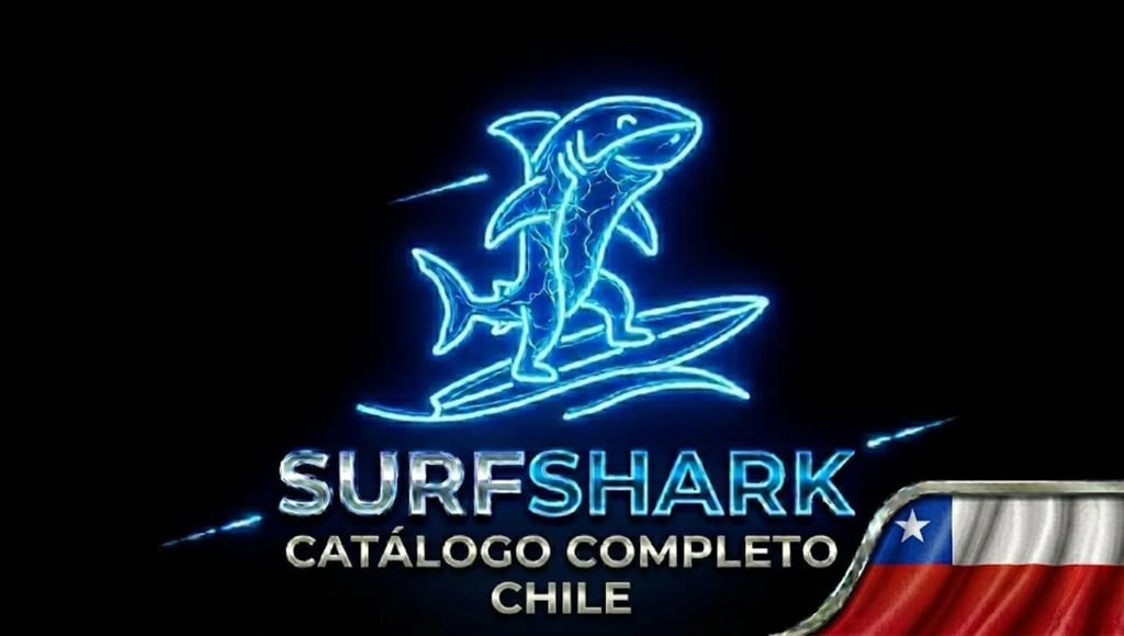 Tiburón futurista en tabla neón, logo Surfshark y bandera Chile para una seguridad innovadora