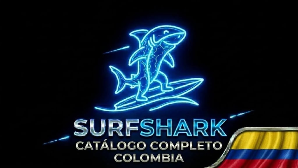 Tiburón futurista en tabla neón, logo Surfshark y bandera Colombia para una seguridad innovadora.