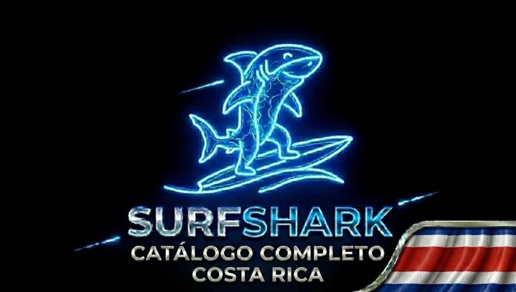 Tiburón futurista en tabla neón, logo Surfshark y bandera Costa Rica para una seguridad innovadora