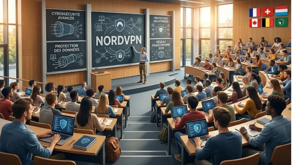 Amphithéâtre d'université avec professeur écrivant NordVPN au tableau devant des étudiants attentifs.