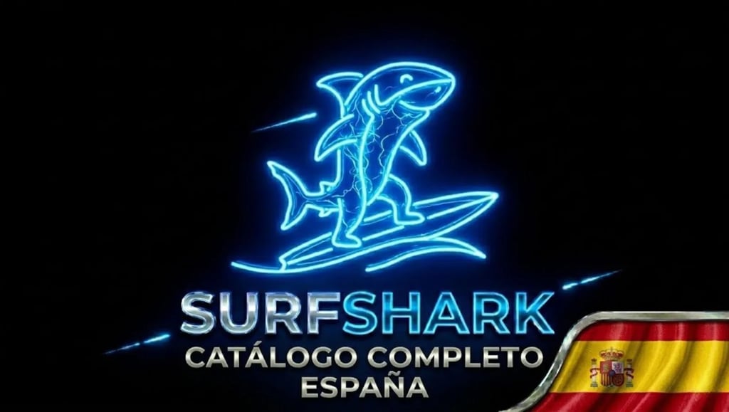 Tiburón futurista en tabla neón, logo Surfshark y bandera España para una seguridad innovadora.