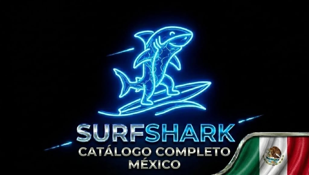 Tiburón futurista en tabla neón, logo Surfshark y bandera México para una seguridad innovadora.