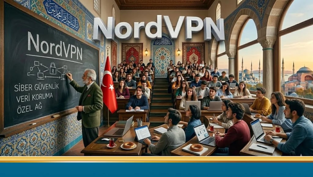 Türkiye'de université sınıfı, tahtada NordVPN yazısı, ders anlatan profesör.