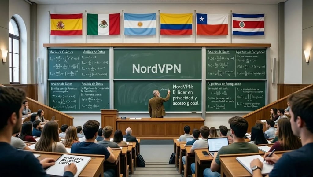 Profesor de facultad escribe NordVPN en la pizarra para el glosario de ciberseguridad con banderas hispanas.