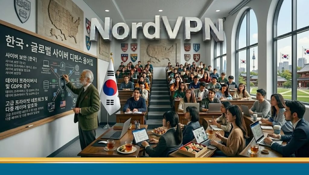 서울 대학교 강의실, 칠판에 적힌 NordVPN, 수업 중인 교수와 대학생들.