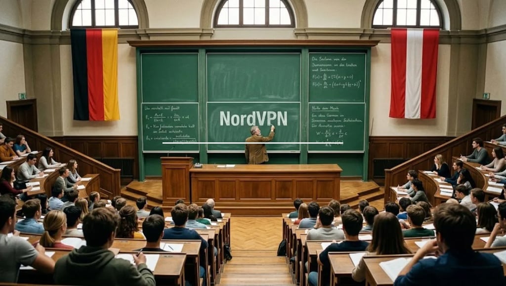 Professor im Hörsaal erklärt NordVPN Glossar für Cybersicherheit vor Deutschland- und Österreich-Flaggen.