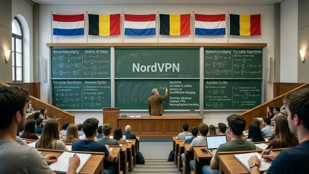 Professor in een aula legt NordVPN termen uit voor de cyberbeveiliging woordenlijst met NL en BE vlaggen.