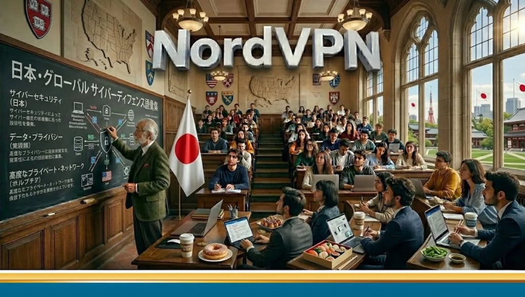 日本の大学の教室、黒板に書かれたNordVPN、授業をする教授と学生たち。