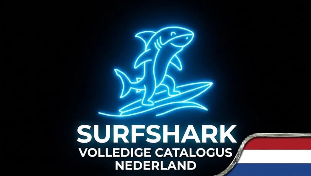 Futuristische haai op neon surfplank, Surfshark-logo en Nederland-vlag voor innovatieve beveiliging