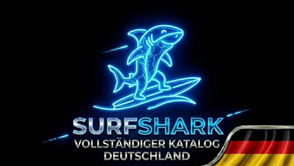 Futuristischer Hai auf Neon-Surfbrett, Surfshark-Logo und Deutschland-Flagge für innovative Sicherheit