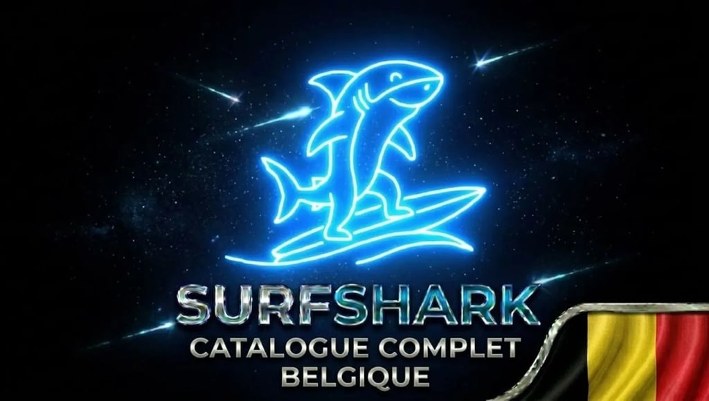 Requin futuriste sur surf néon, logo Surfshark et drapeau Belgique pour une sécurité innovante