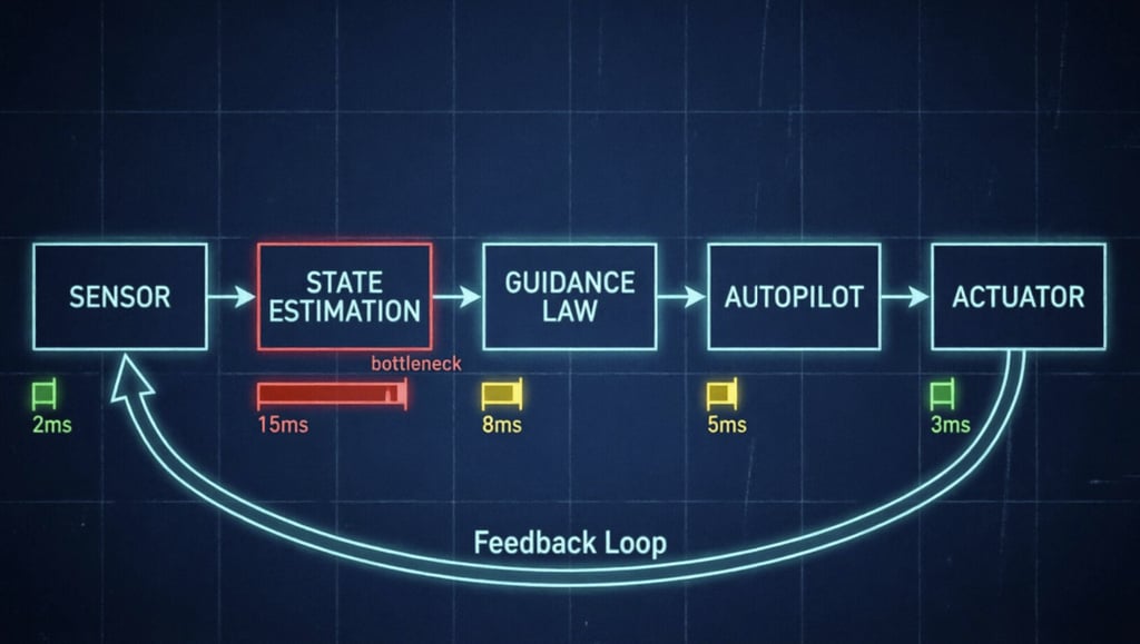 Control system feedback loop diagram showing a 15ms bottleneck in state estimation.
