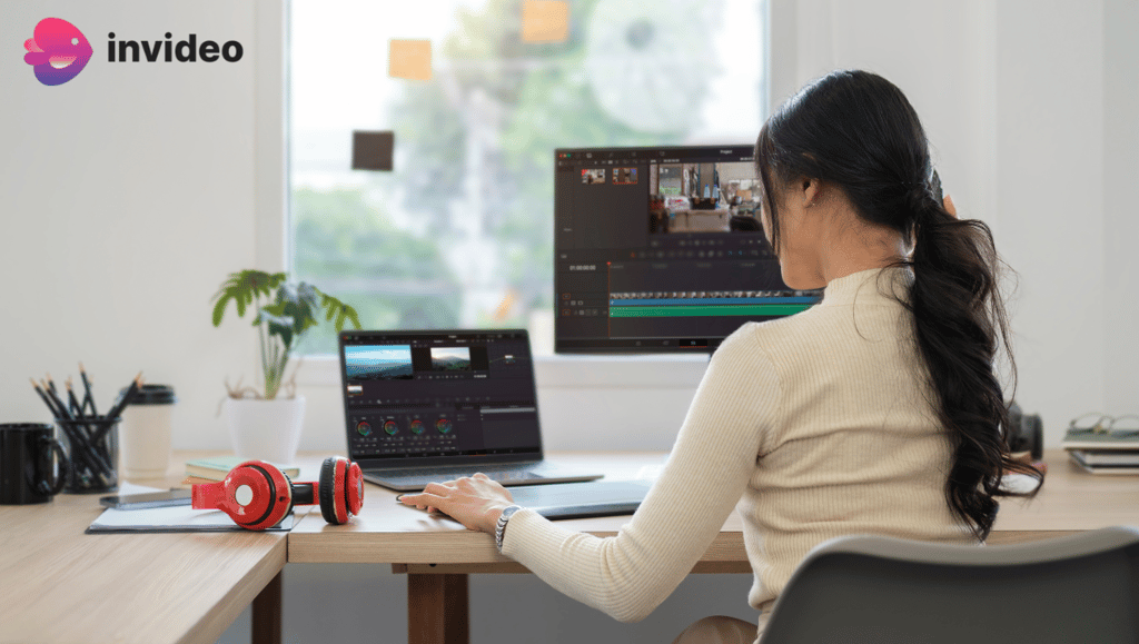 a woman sitting at a desk with laptop and Screenshot of a free online video maker interface