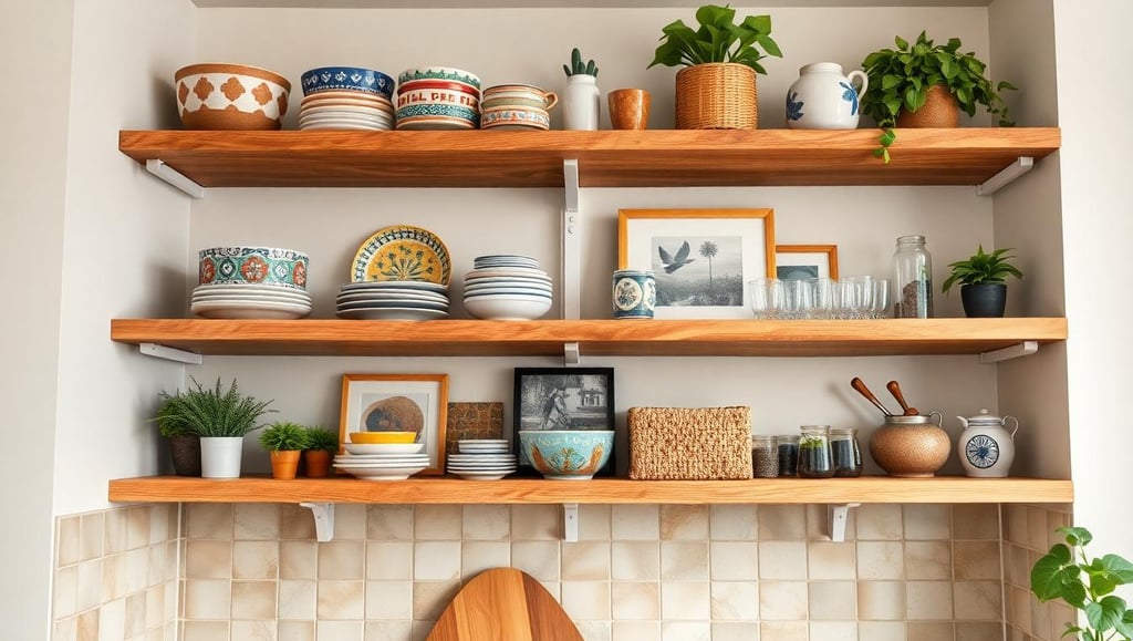 a kitchen with a wooden shelf and shelves with dishes