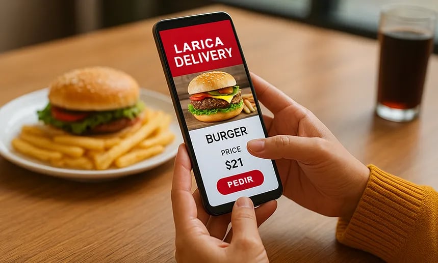 Pessoa segurando smartphone com aplicativo de restaurante aberto para pedir comida.
