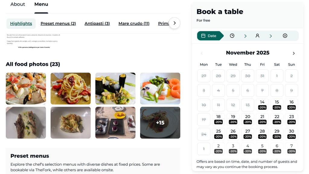 Screenshot of a restaurant on The Fork that displays discounts and times available for reservations