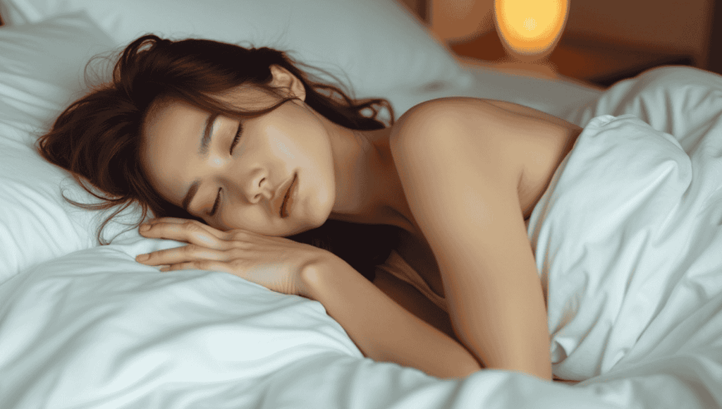 a woman is sleeping in a bed with her eyes closed