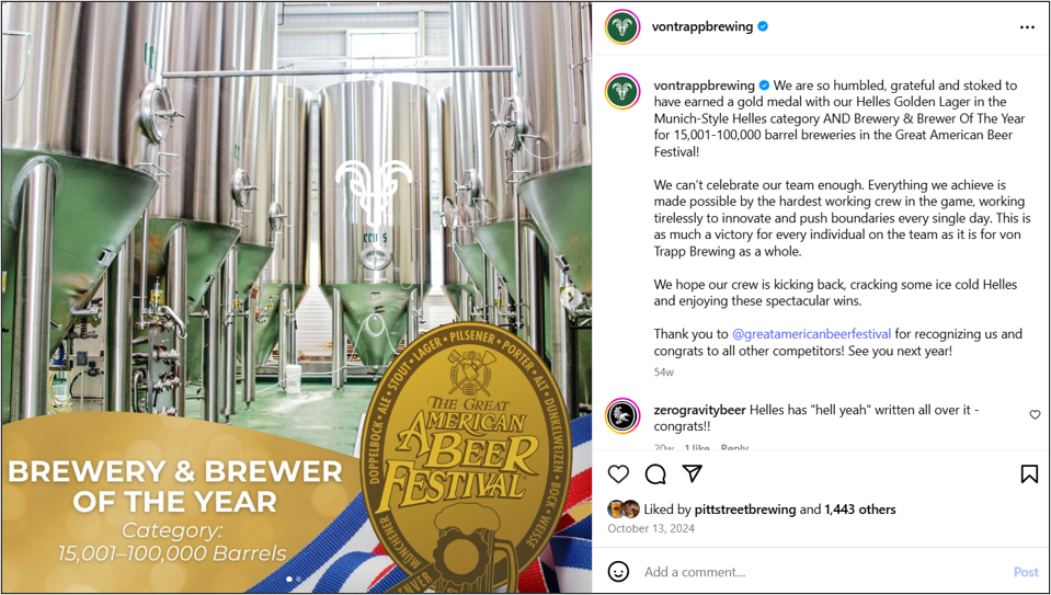 screenshot of post by vontrappbrewing winning award