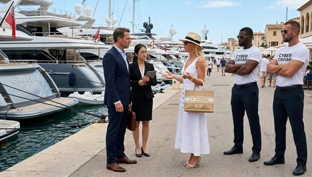Business meeting at a yacht port with a blonde woman holding a "LA MAISON VIP" bag and Cyber Caviar bodyguards.